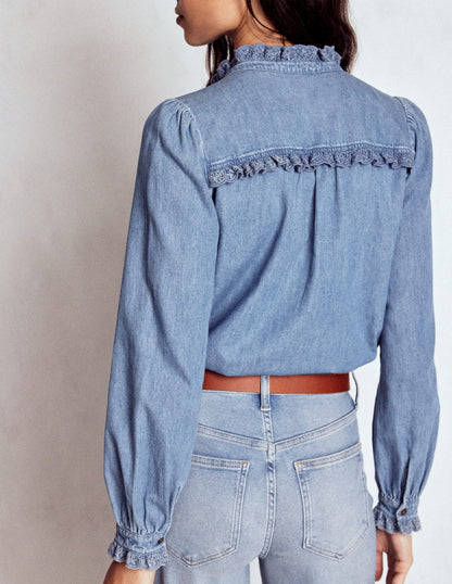 Helena Denim Ruffle Neck Top-Light Authentic-2