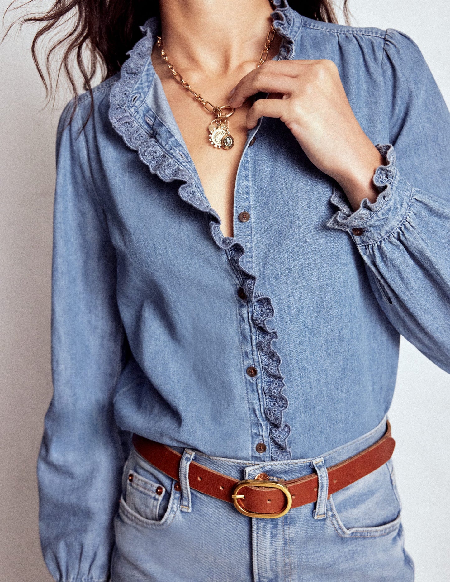 Helena Denim Ruffle Neck Top-Light Authentic