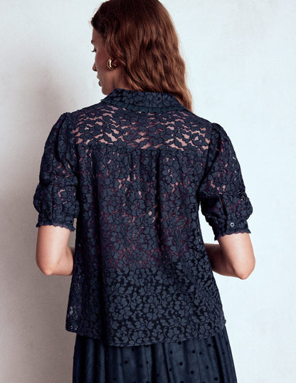 Short Sleeve Lace Blouse-Navy-3