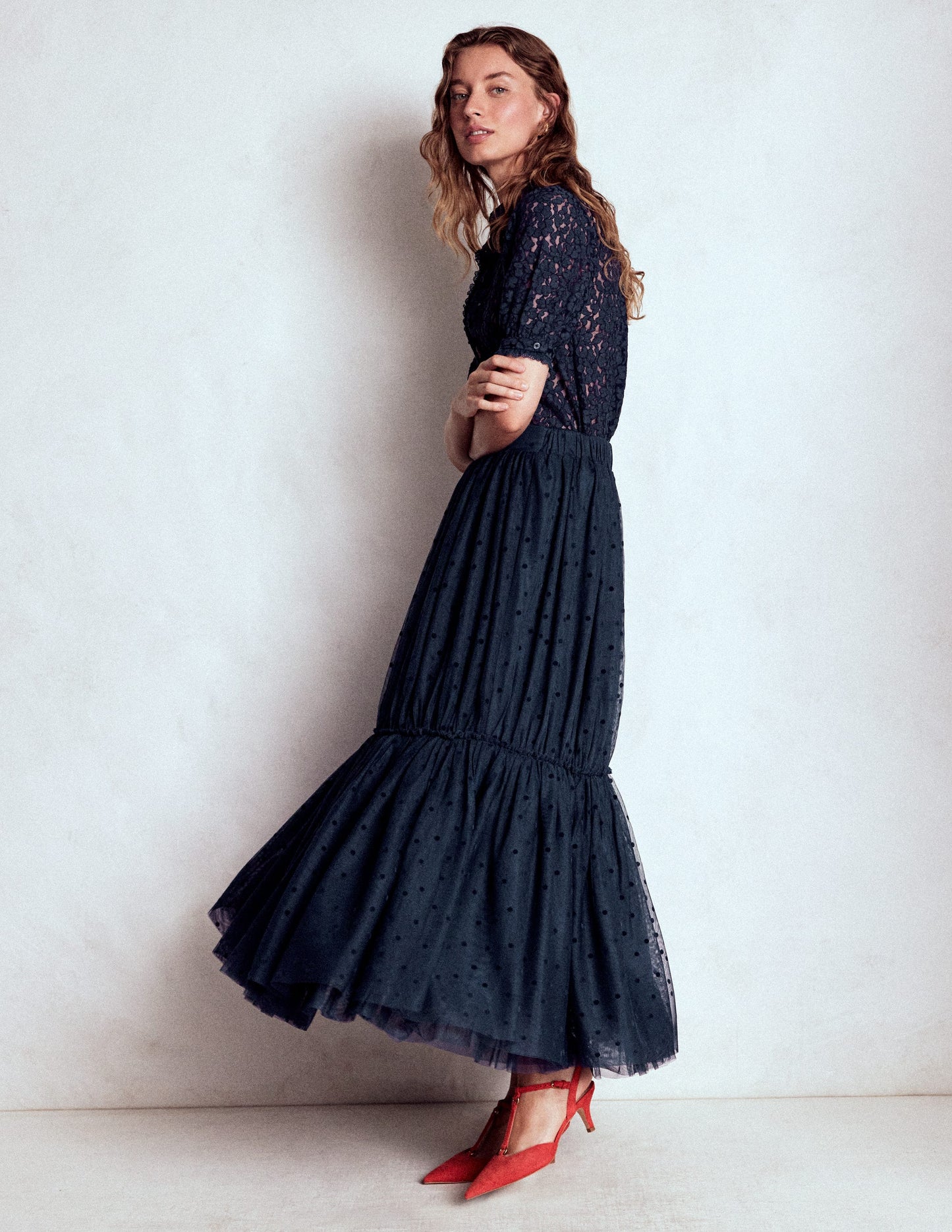 Short Sleeve Lace Blouse-Navy