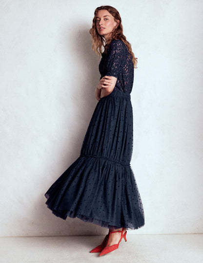 Short Sleeve Lace Blouse-Navy-4