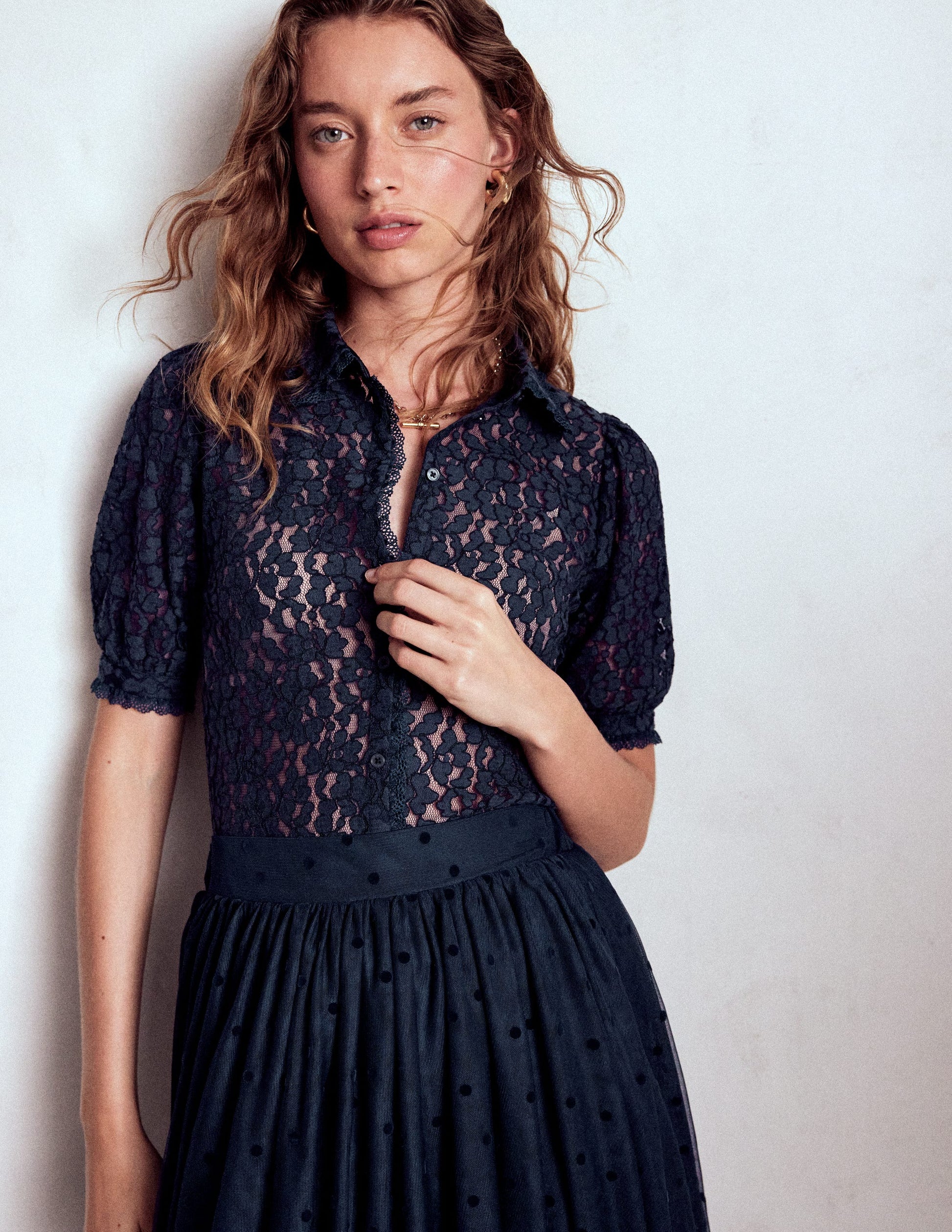 Short Sleeve Lace Blouse-Navy-5