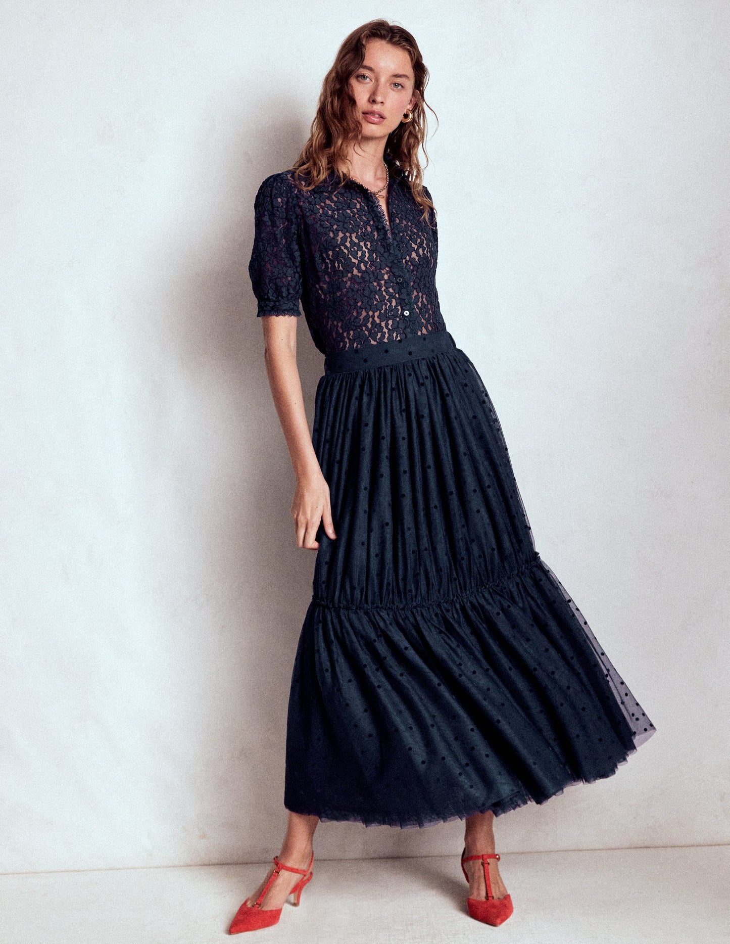 Short Sleeve Lace Blouse-Navy