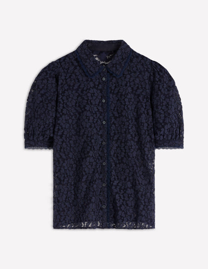 Short Sleeve Lace Blouse-Navy-7