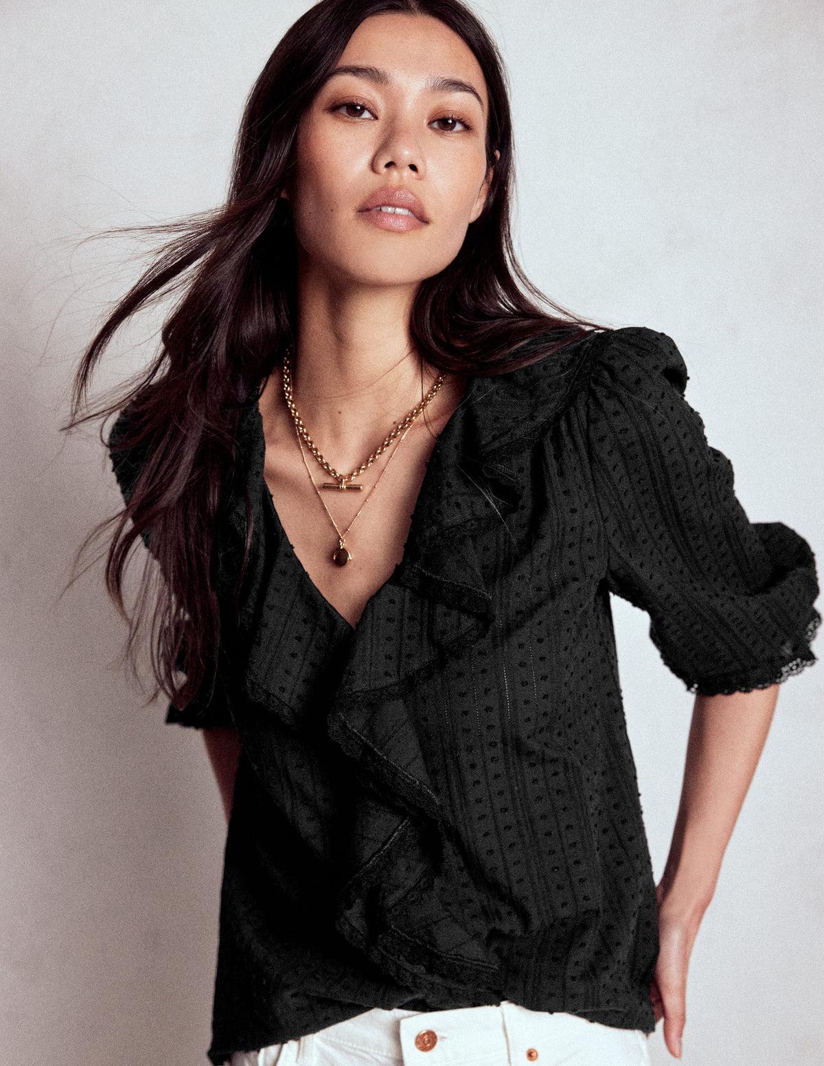 Eliza Ruffle V-Neck Blouse-Black - Image 1