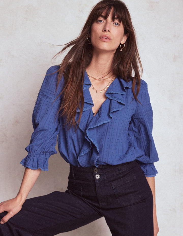 Ruffle V-Neck Blouse-Denim Blue