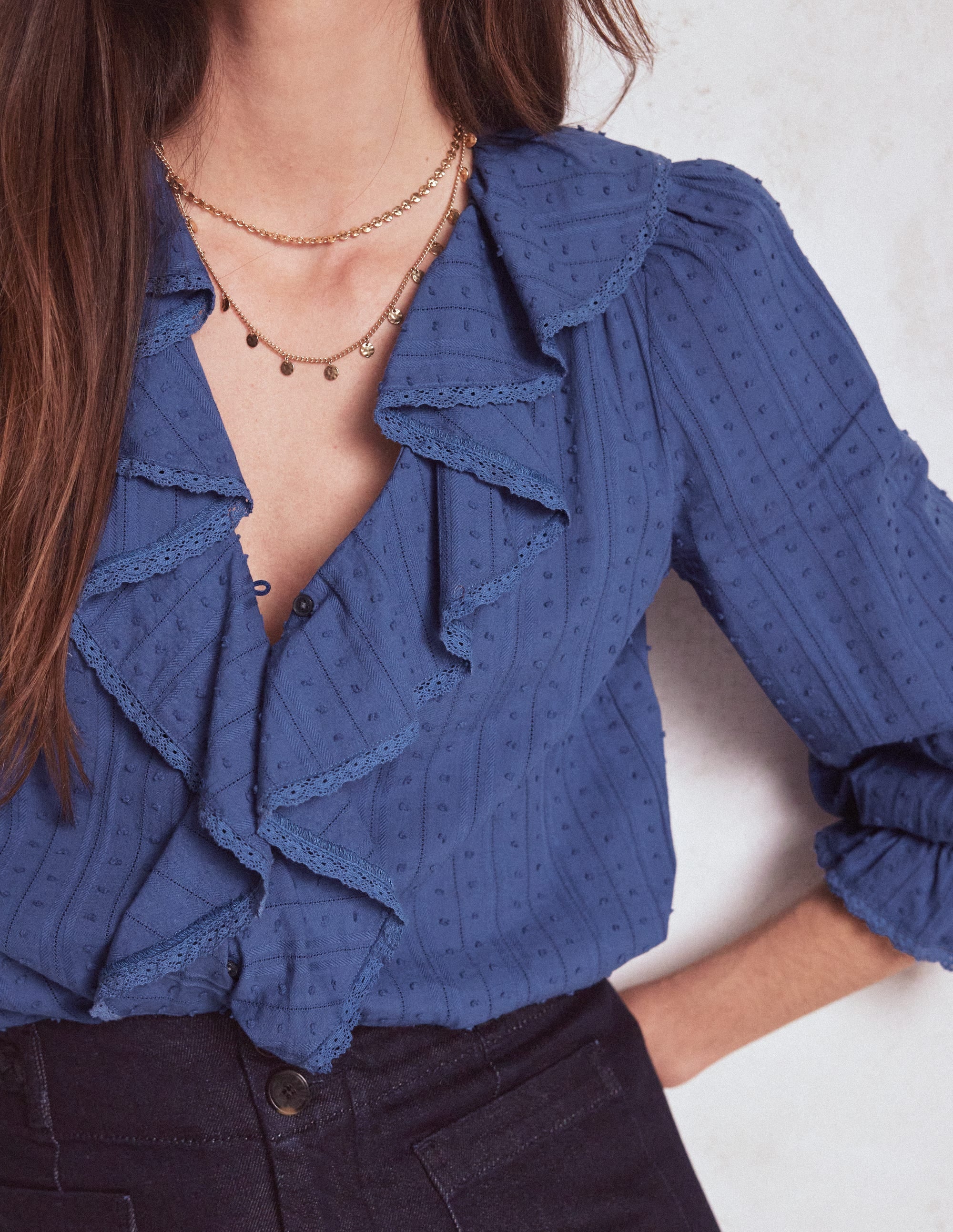 Eliza Ruffle V-Neck Blouse-Denim Blue - Image 2
