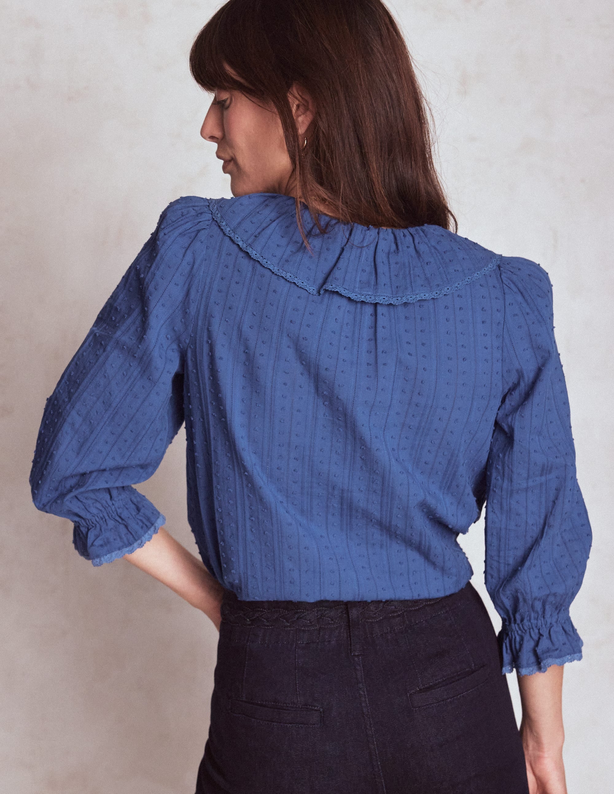Eliza Ruffle V-Neck Blouse-Denim Blue - Image 3