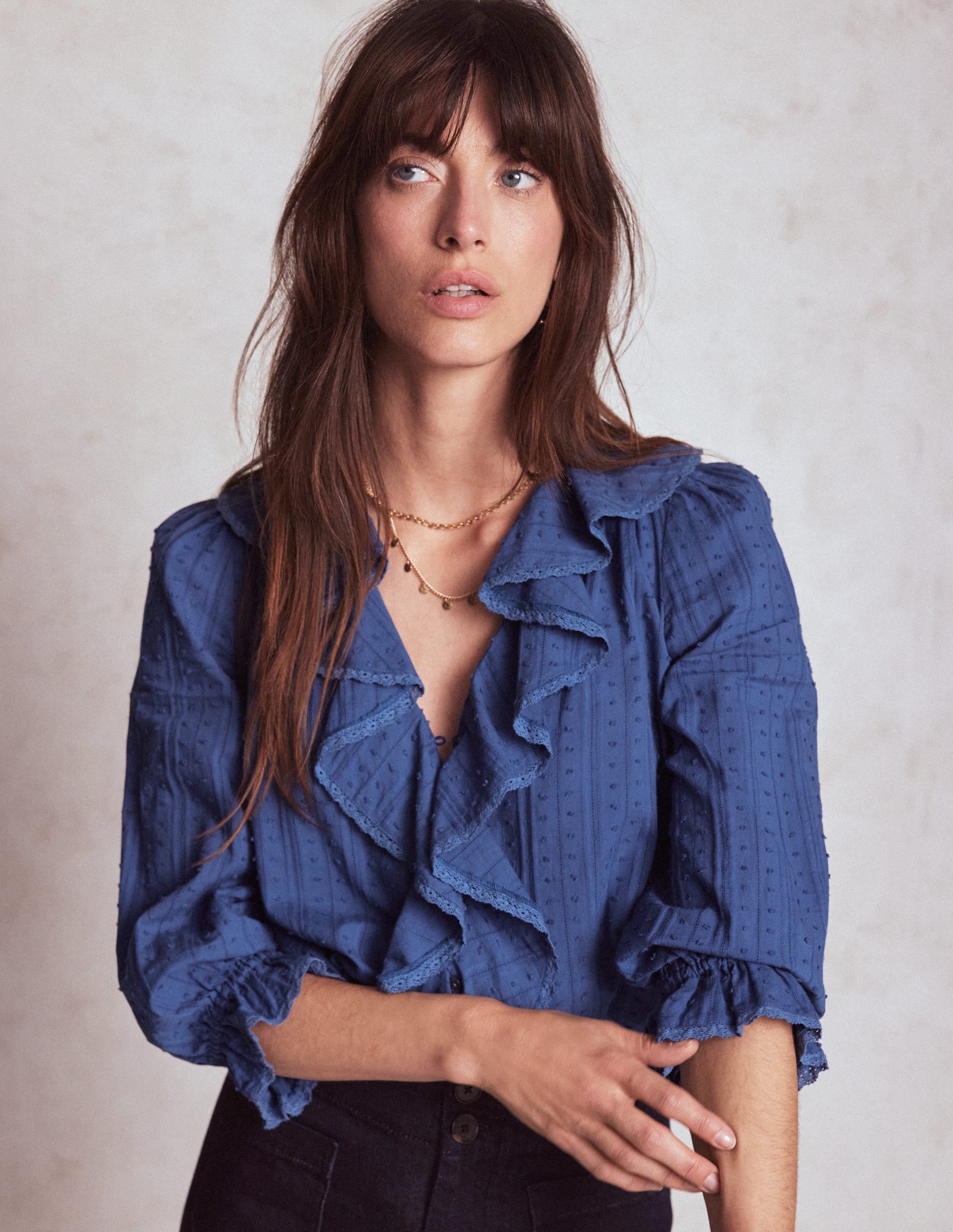 Eliza Ruffle V-Neck Blouse-Denim Blue - Image 4