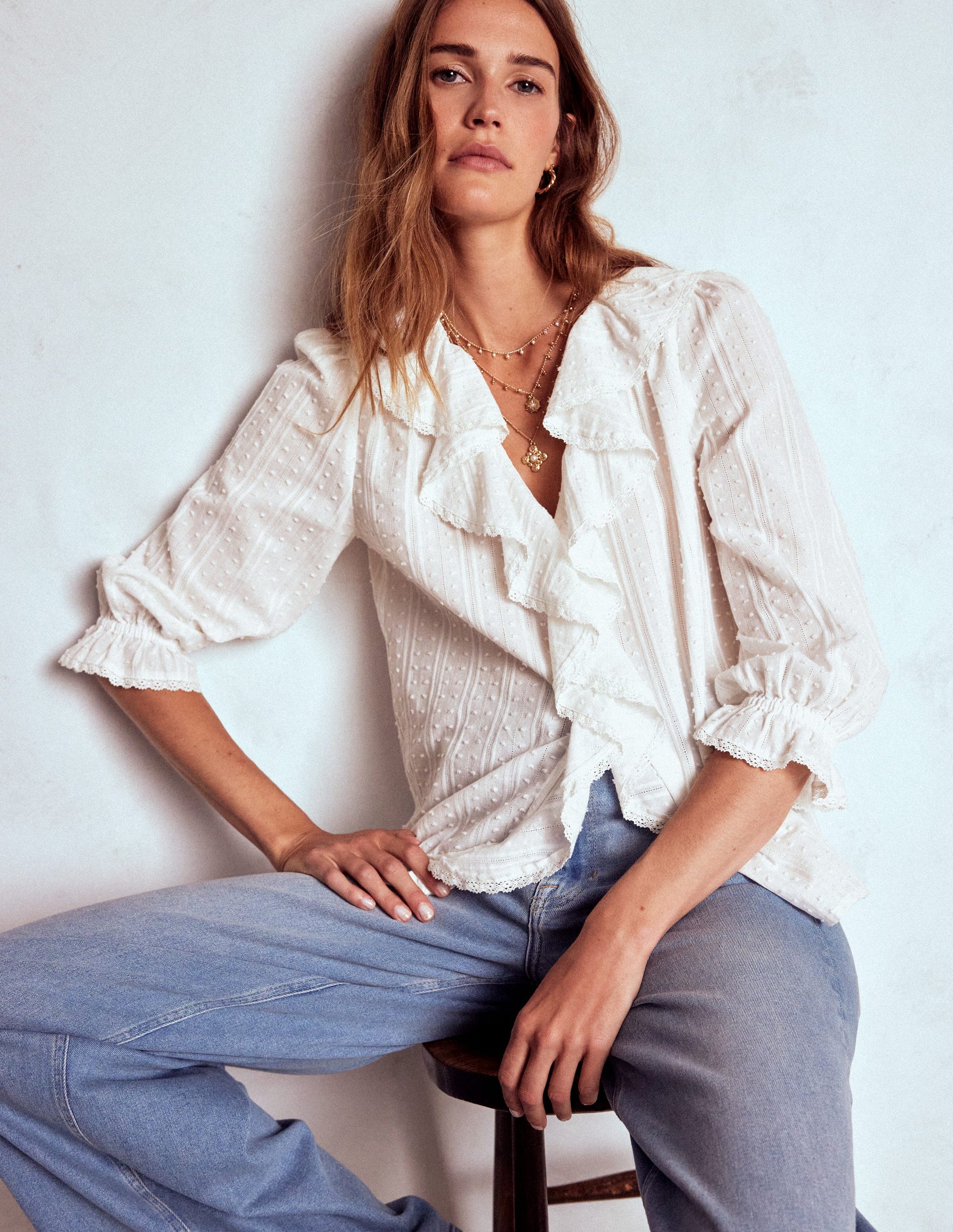 Ruffle V-Neck Blouse-White Boden USA