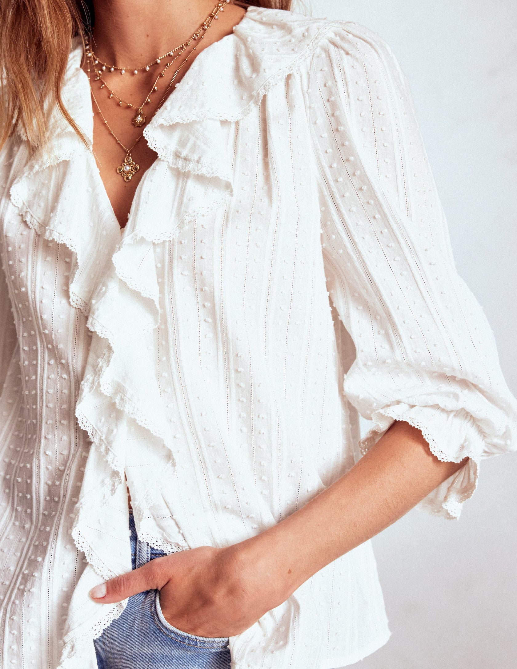 Ruffle V-Neck Blouse-White | Boden USA