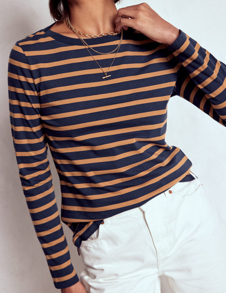 Olivia Long Sleeve Breton-Navy, Camel Stripe