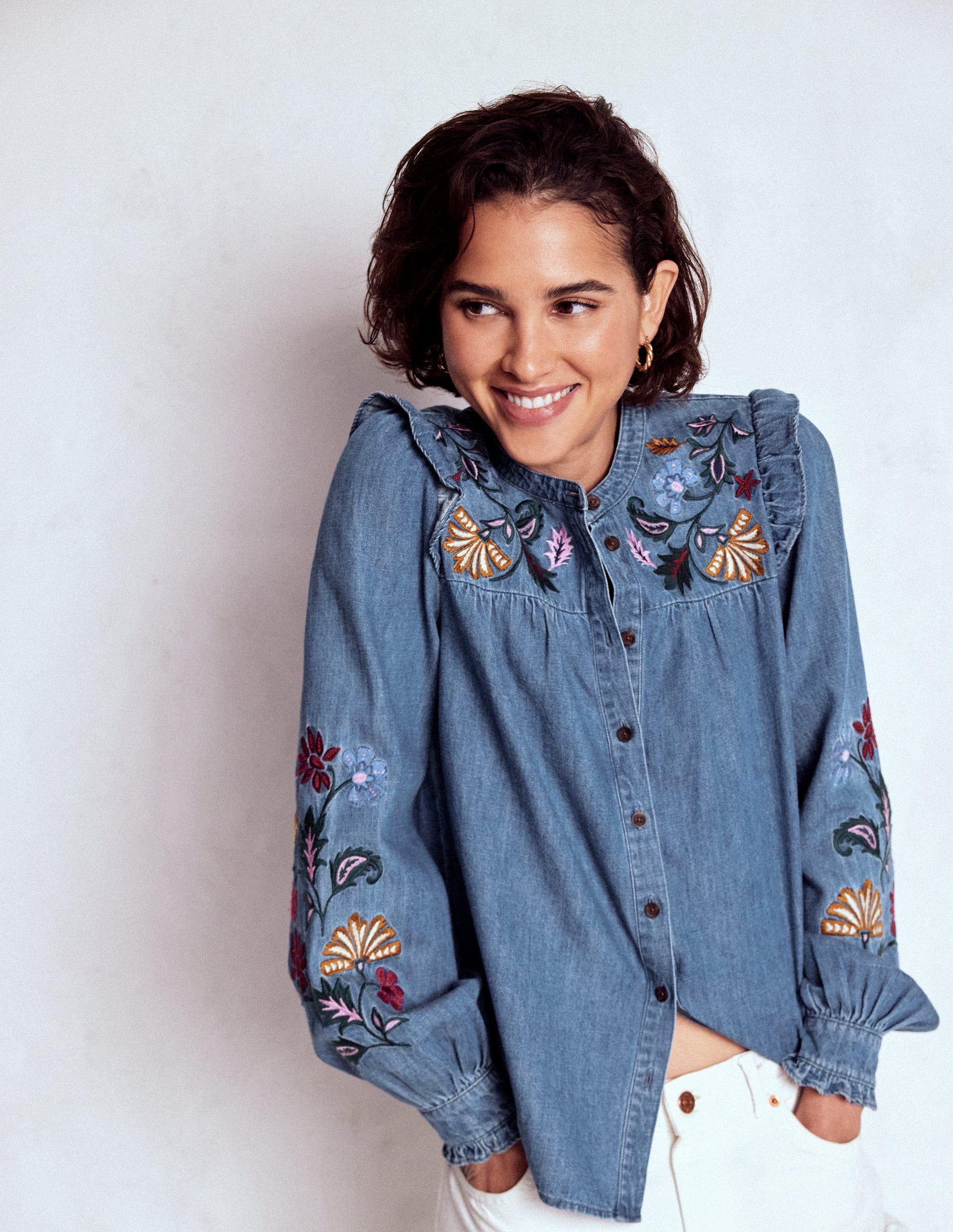 Embroidered Denim Top-Light Vintage, Embroidered-1