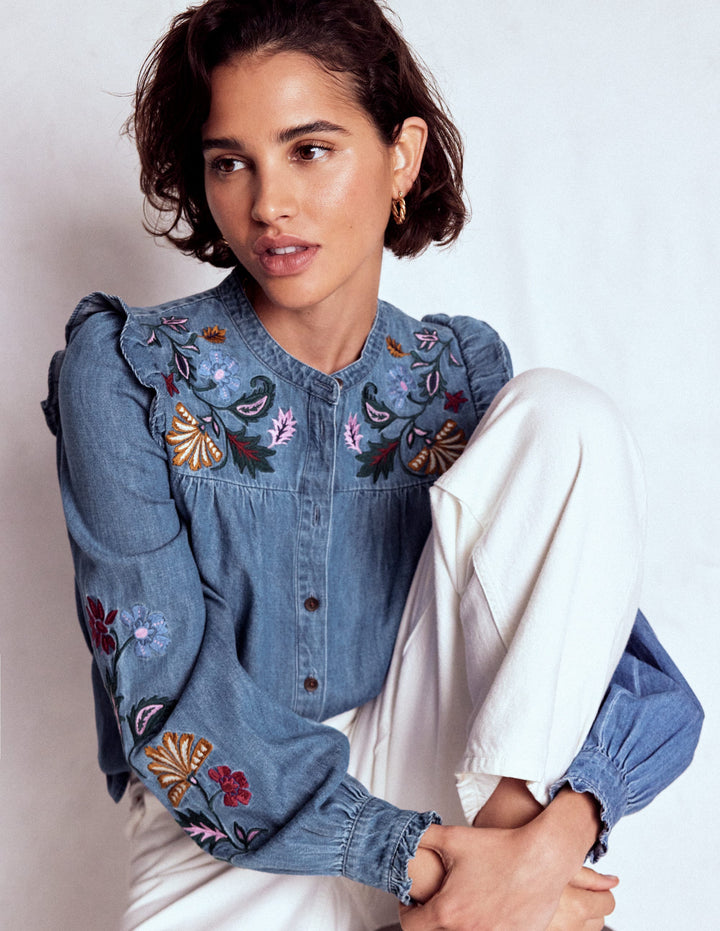 Embroidered Denim Top-Light Vintage, Embroidered