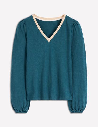 Metallic Trim V-neck Top-Midnight Teal-5