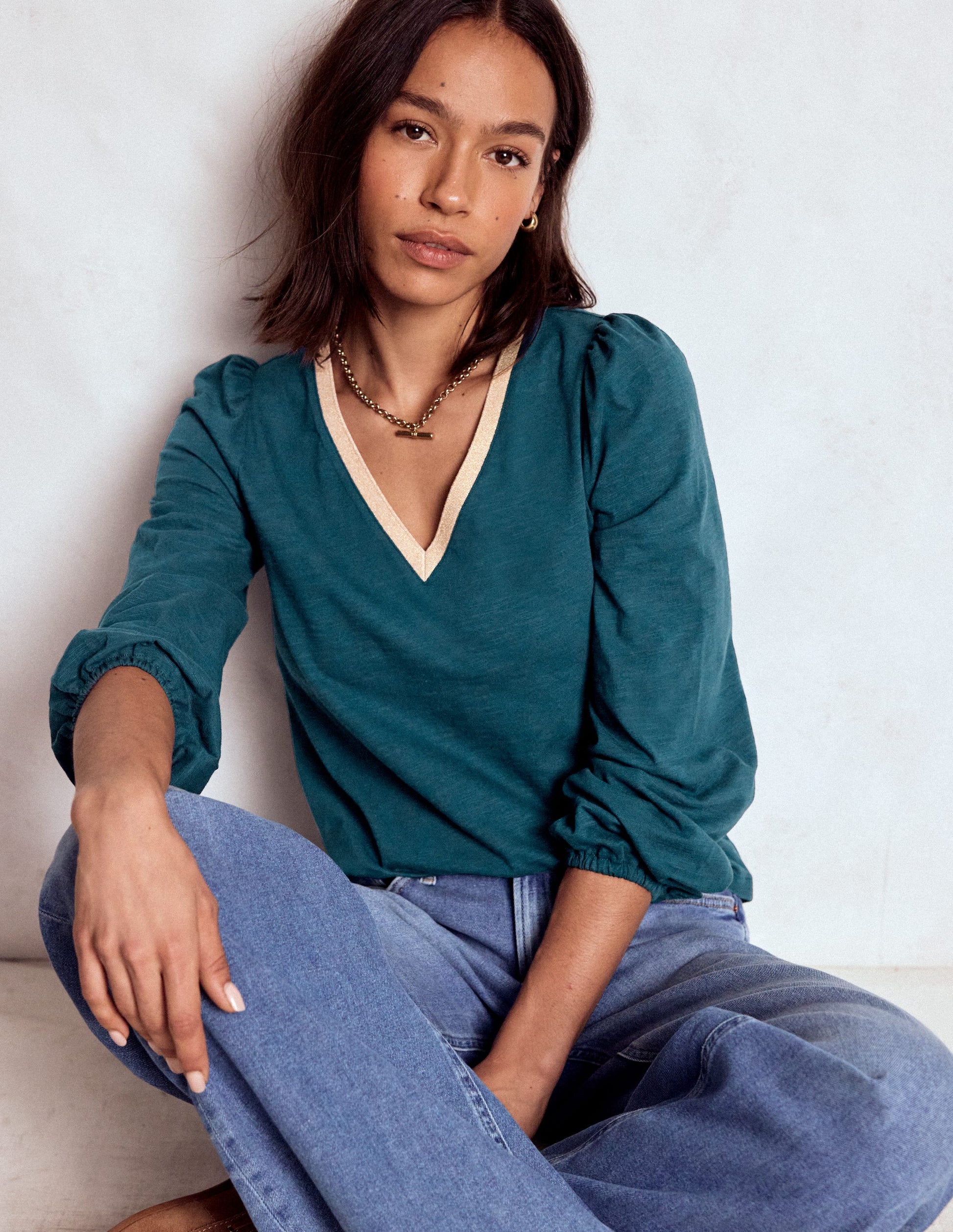 Metallic Trim V-neck Top-Midnight Teal-1