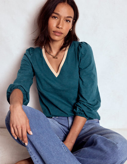 Metallic Trim V-neck Top-Midnight Teal-1