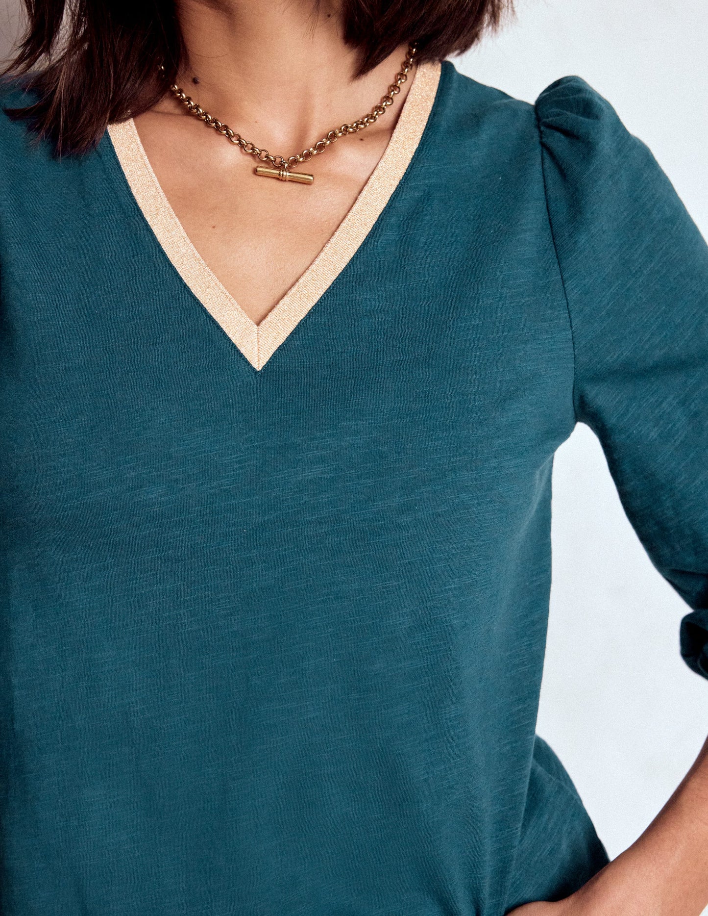 Metallic Trim V-neck Top-Midnight Teal