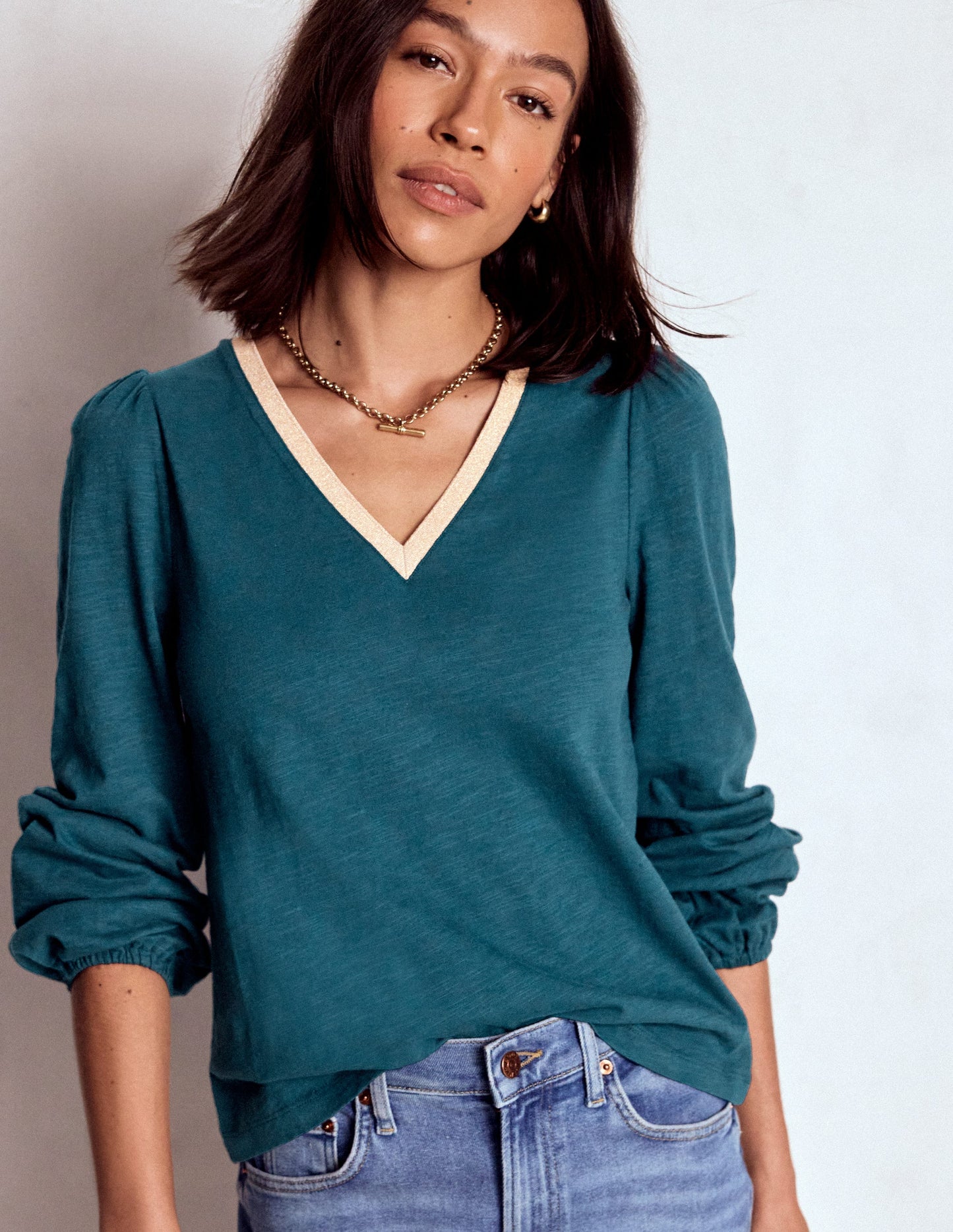 Metallic Trim V-neck Top-Midnight Teal