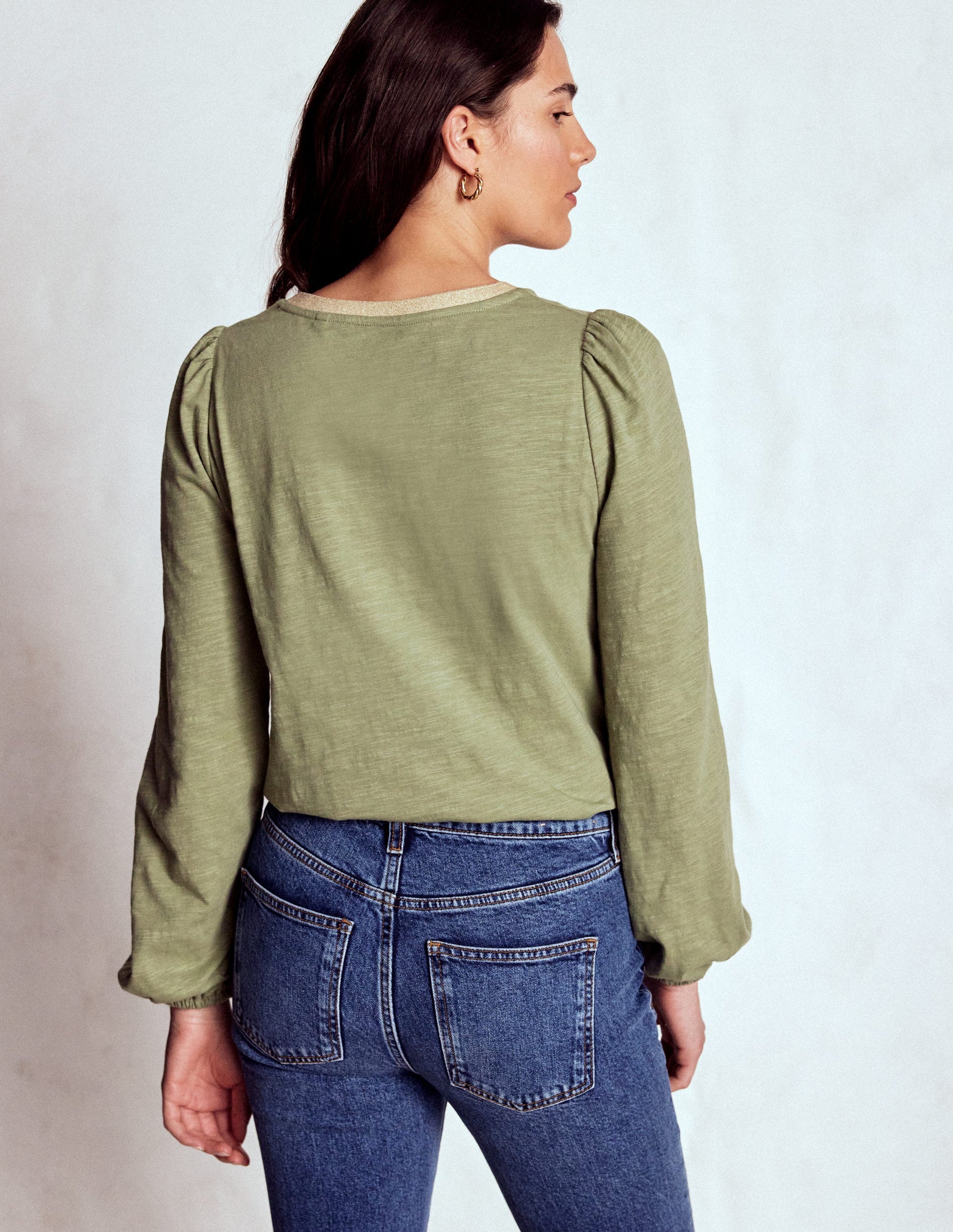 Metallic Trim V-neck Top-Larch Green-3