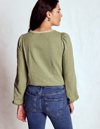 Metallic Trim V-neck Top-Larch Green-3