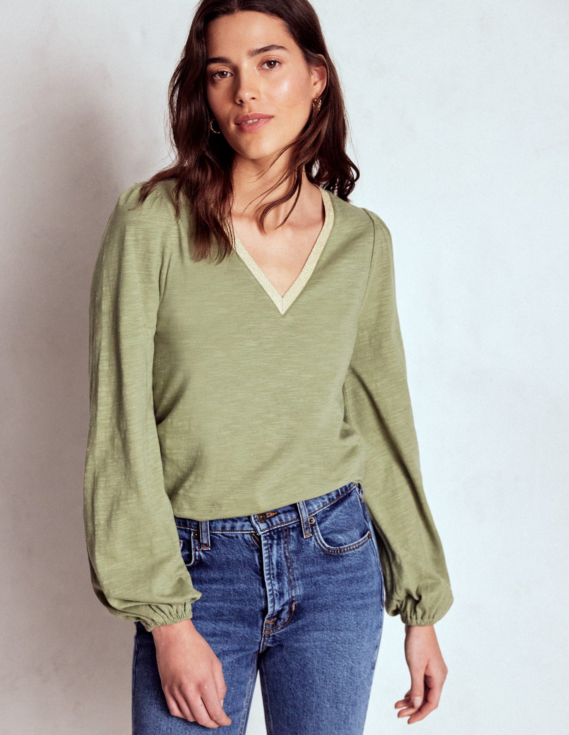 Metallic Trim V-neck Top-Larch Green-4