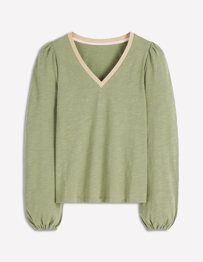 Metallic Trim V-neck Top-Larch Green-5