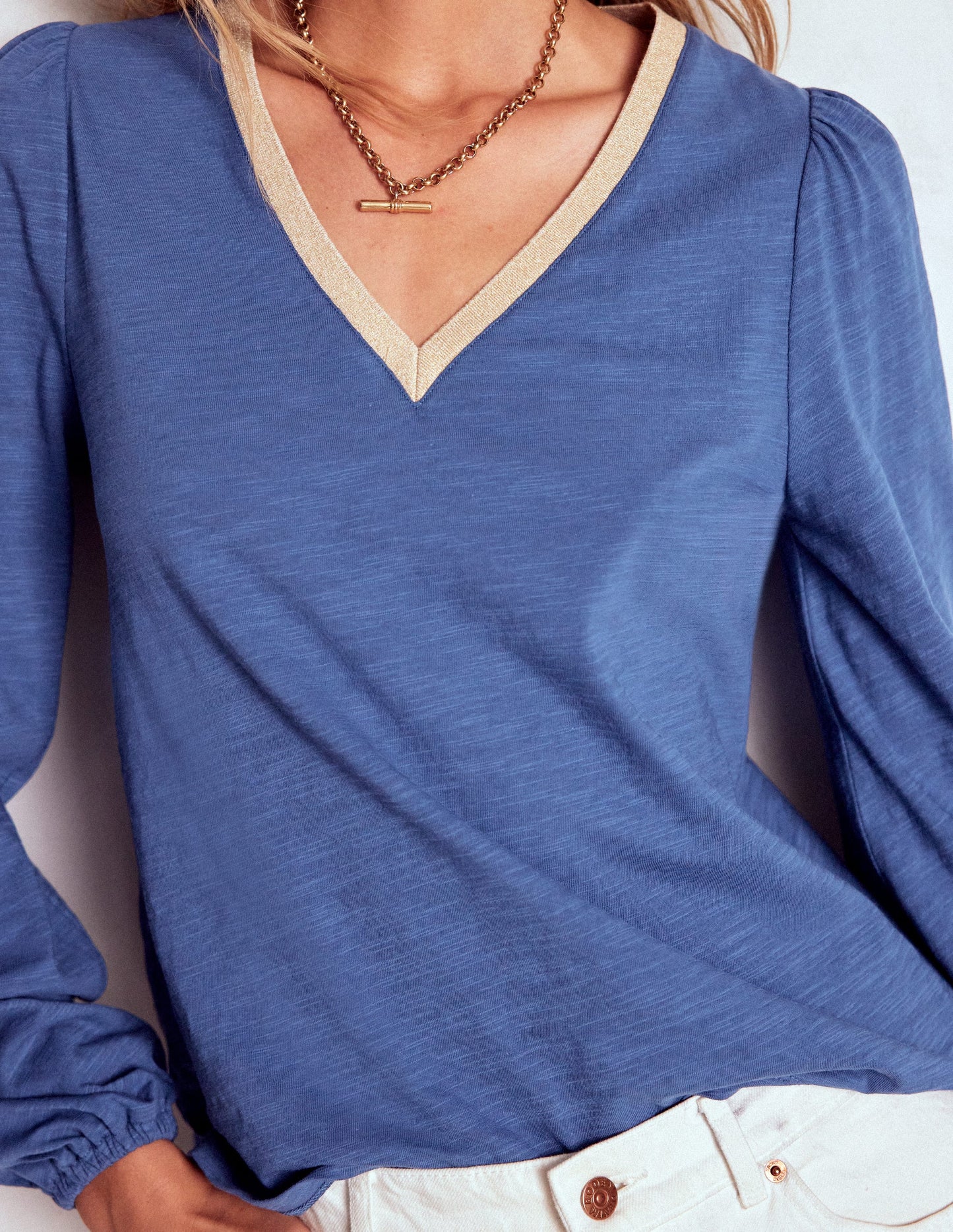 Metallic Trim V-neck Top-True Navy