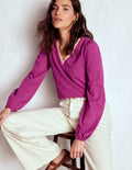 Metallic Trim V-neck Top-Rich Magenta