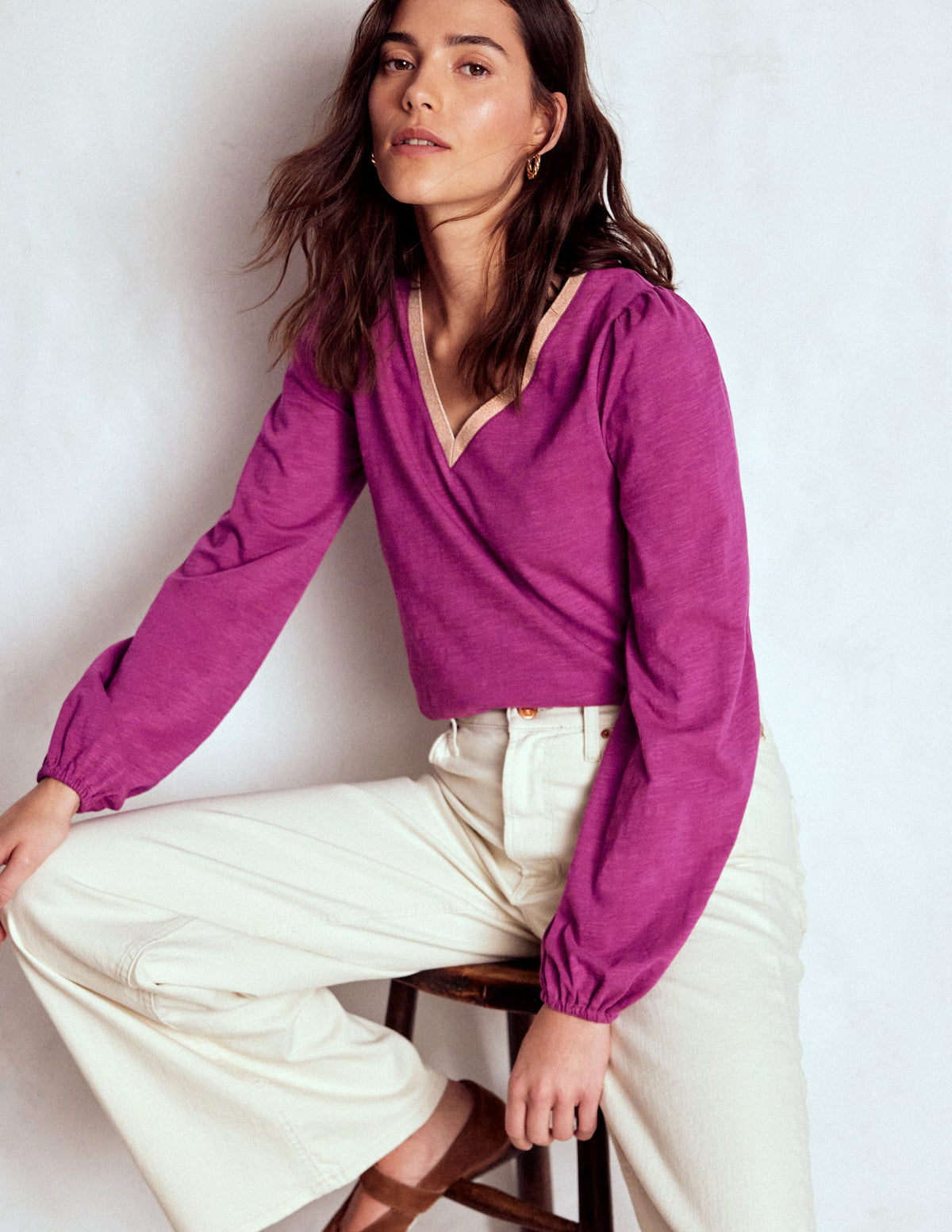 Metallic Trim V-neck Top-Rich Magenta - Image 1