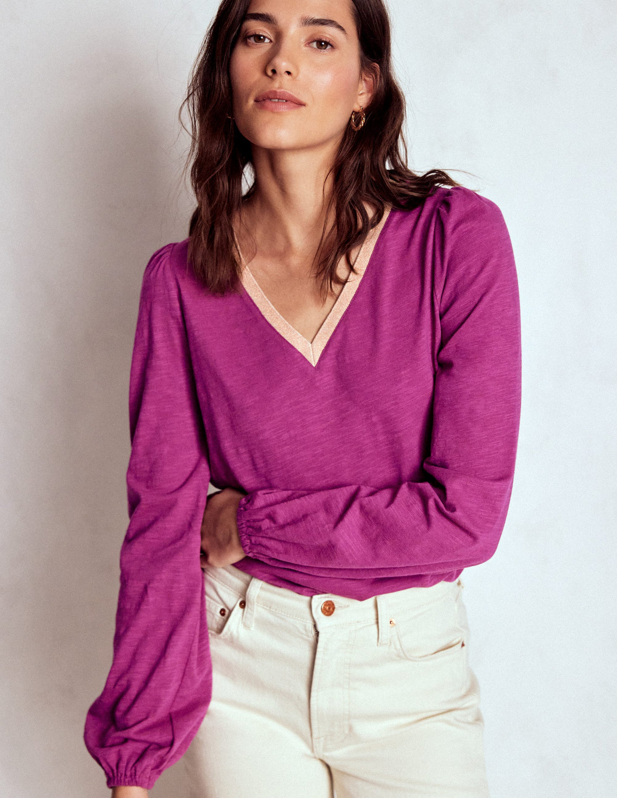 Metallic Trim V-neck Top-Rich Magenta - Image 2