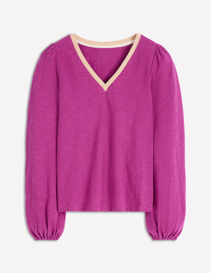 Metallic Trim V-neck Top-Rich Magenta-5