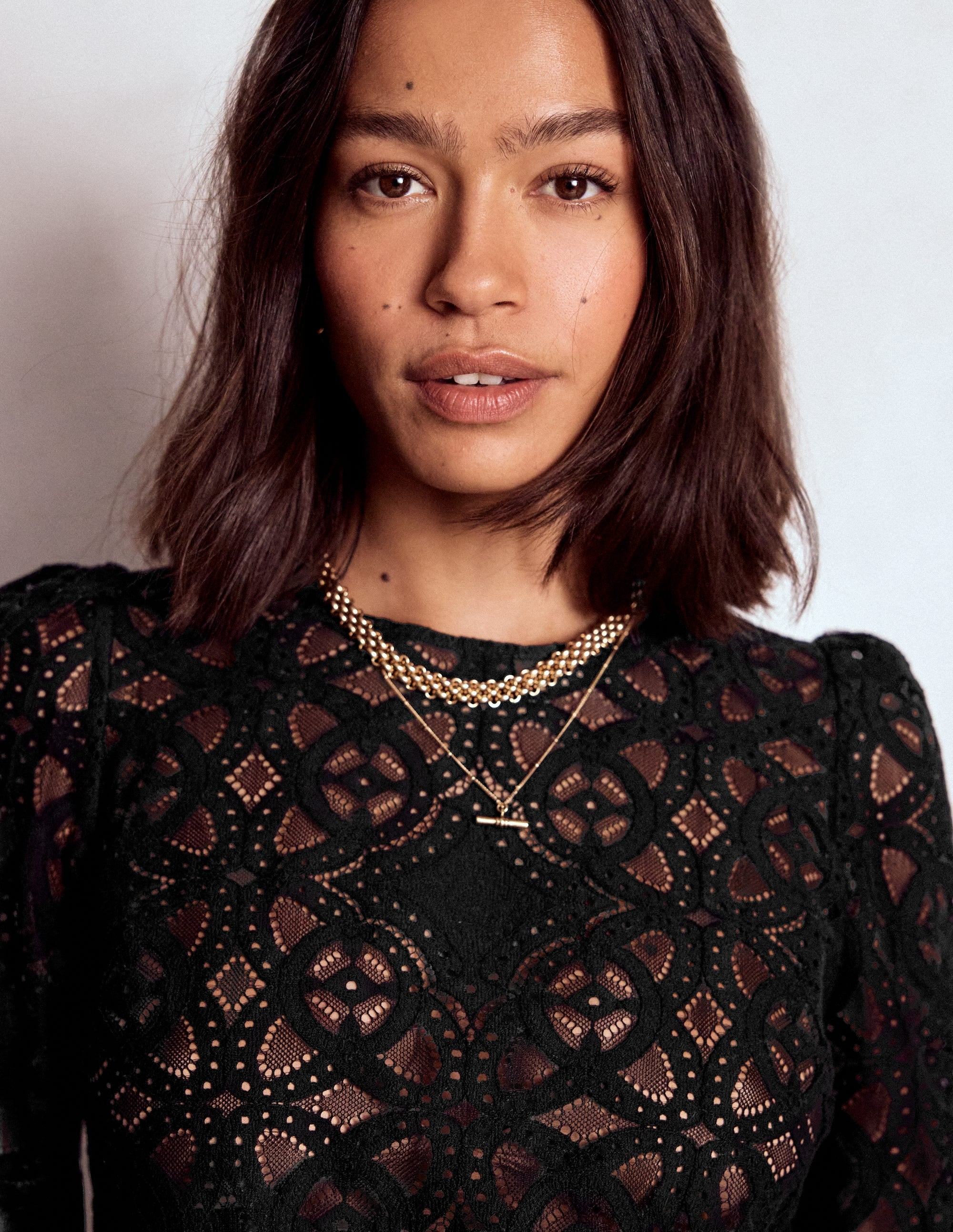 Lace Crew Neck Top-Black - Image 1