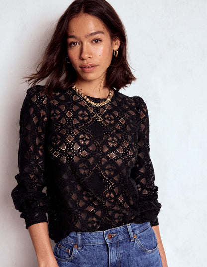 Lace Crew Neck Top-Black-2