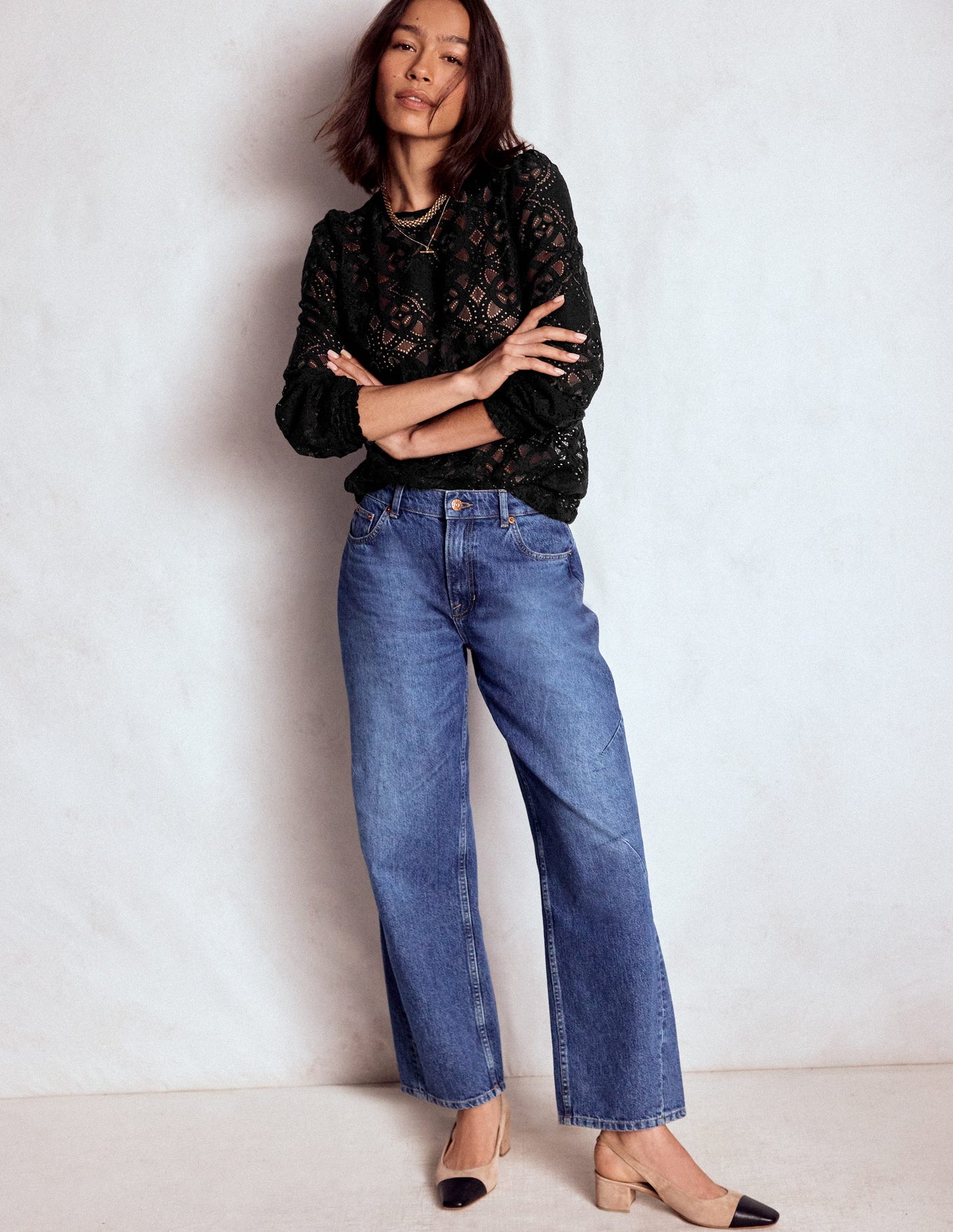 Lace Crew Neck Top-Black