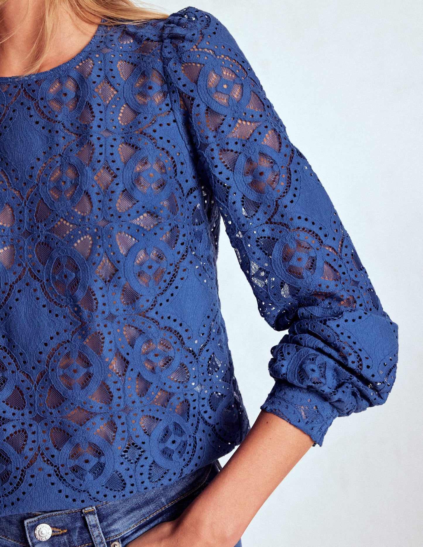 Lace Crew Neck Top-Denim Blue