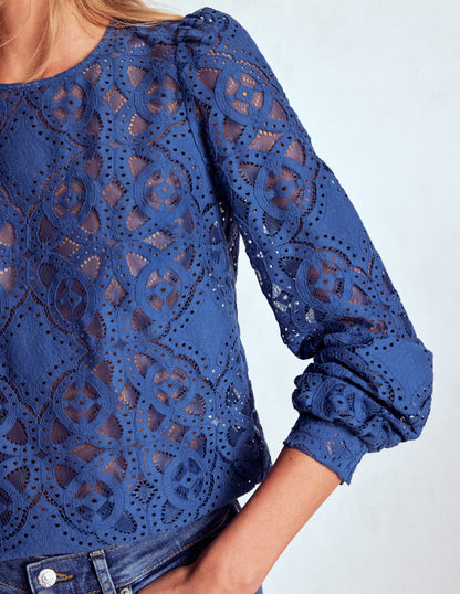 Lace Crew Neck Top-Denim Blue-2