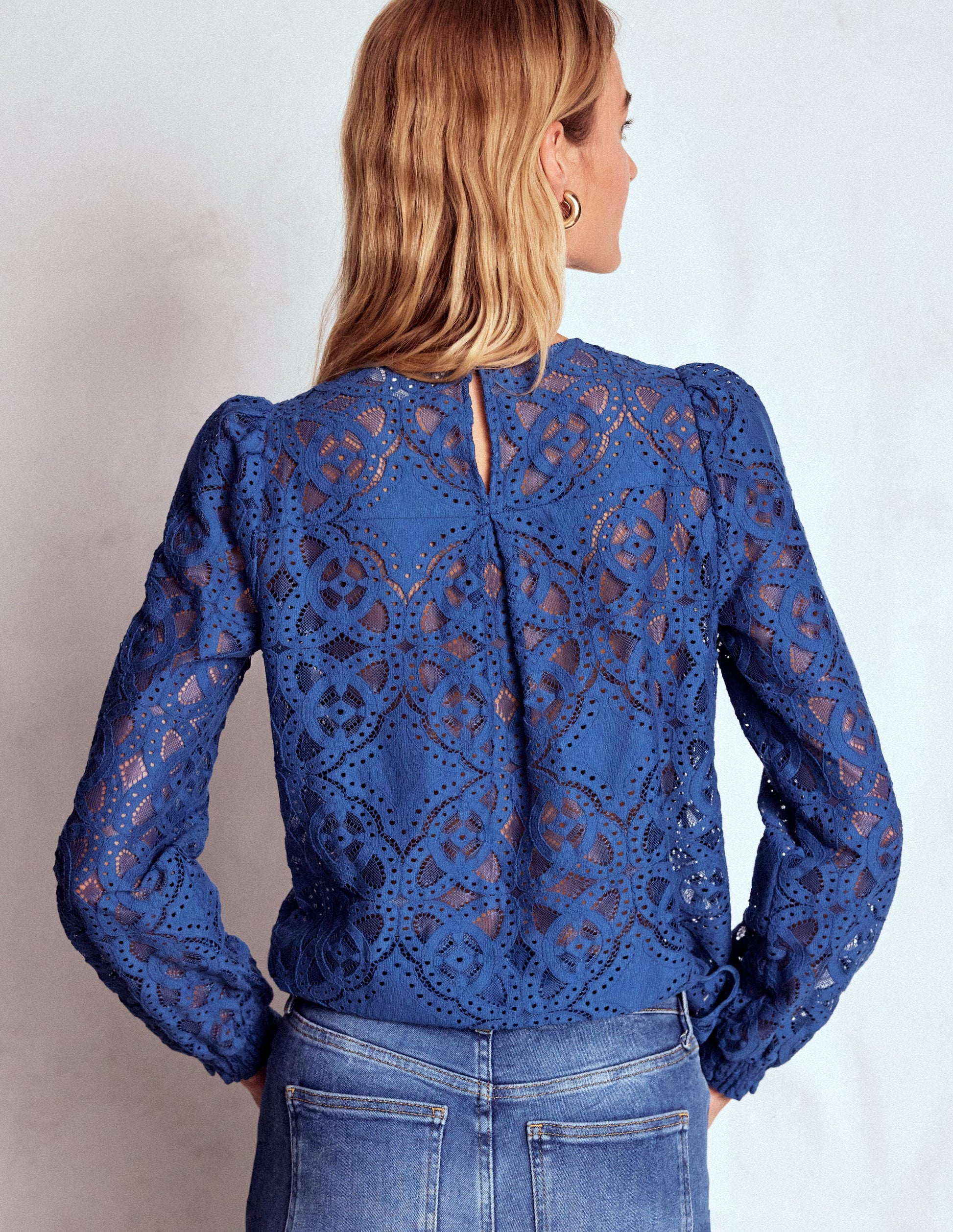 Lace Crew Neck Top-Denim Blue-3