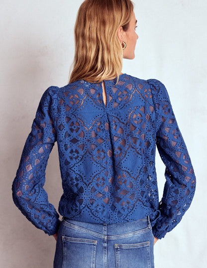 Lace Crew Neck Top-Denim Blue-3