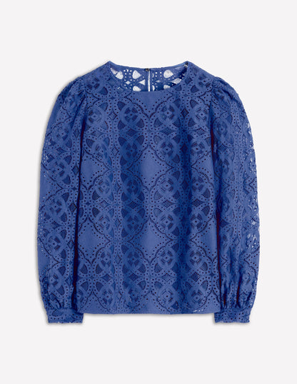 Lace Crew Neck Top-Denim Blue-5