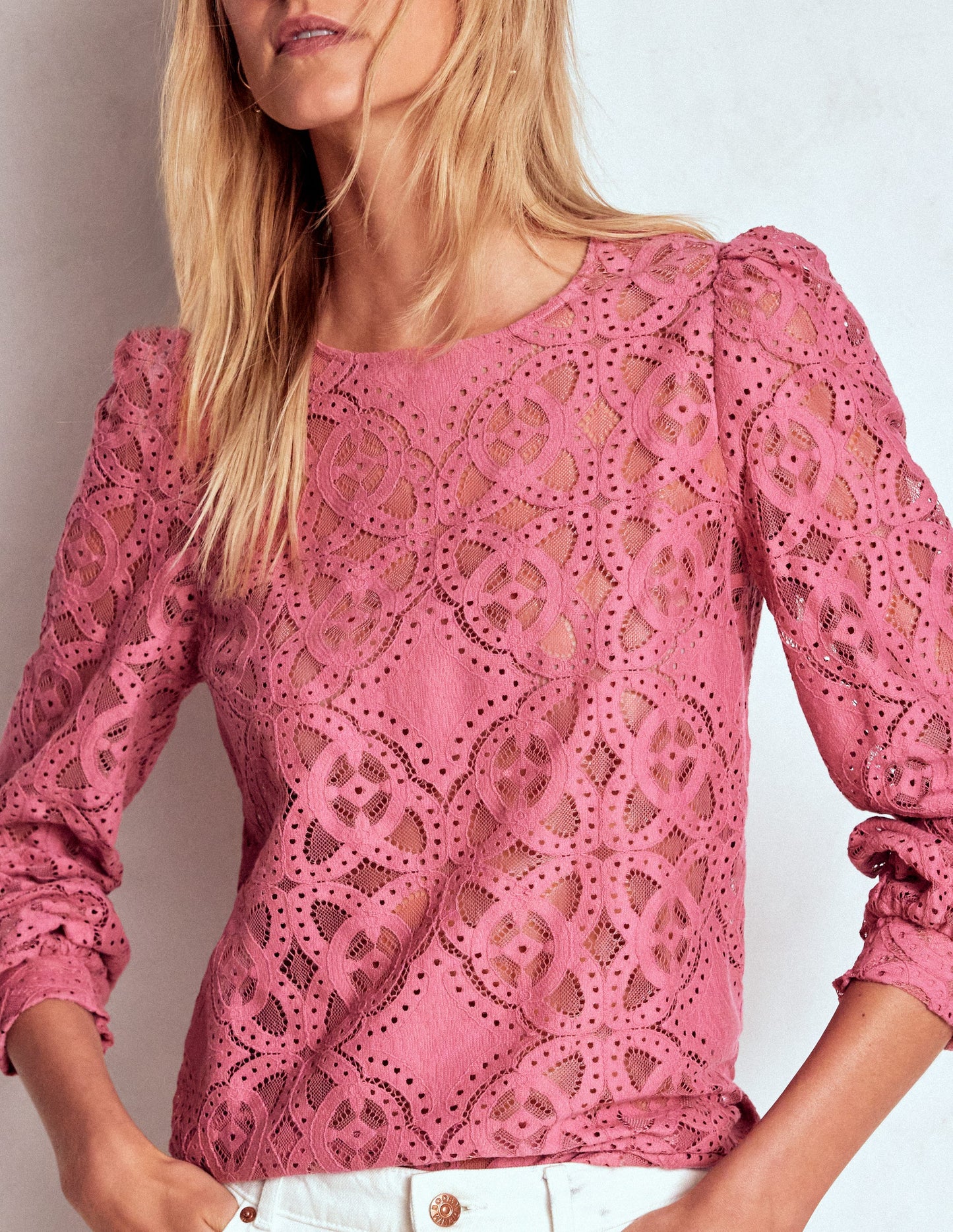 Lace Crew Neck Top-Heather Rose