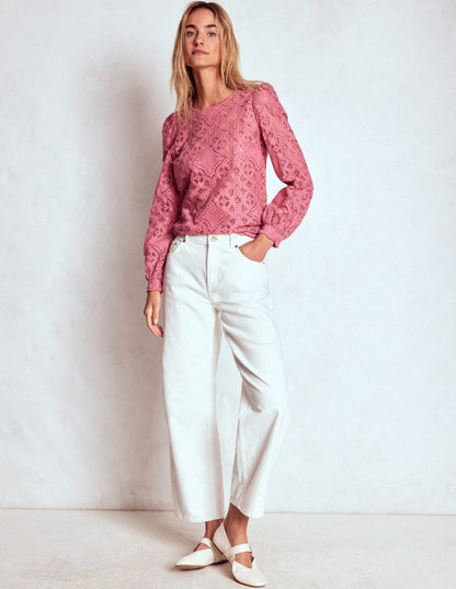 Lace Crew Neck Top-Heather Rose-4