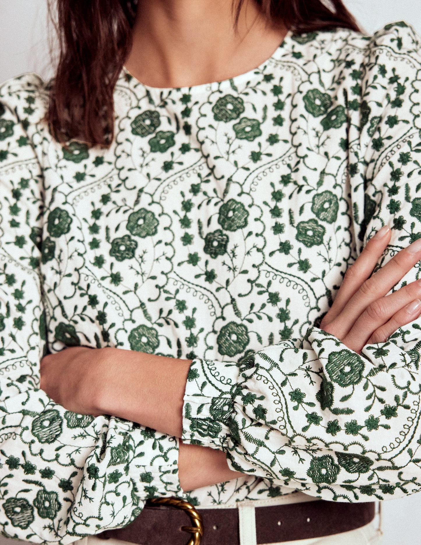 Embroidered Cotton Dobby Top-Ivory