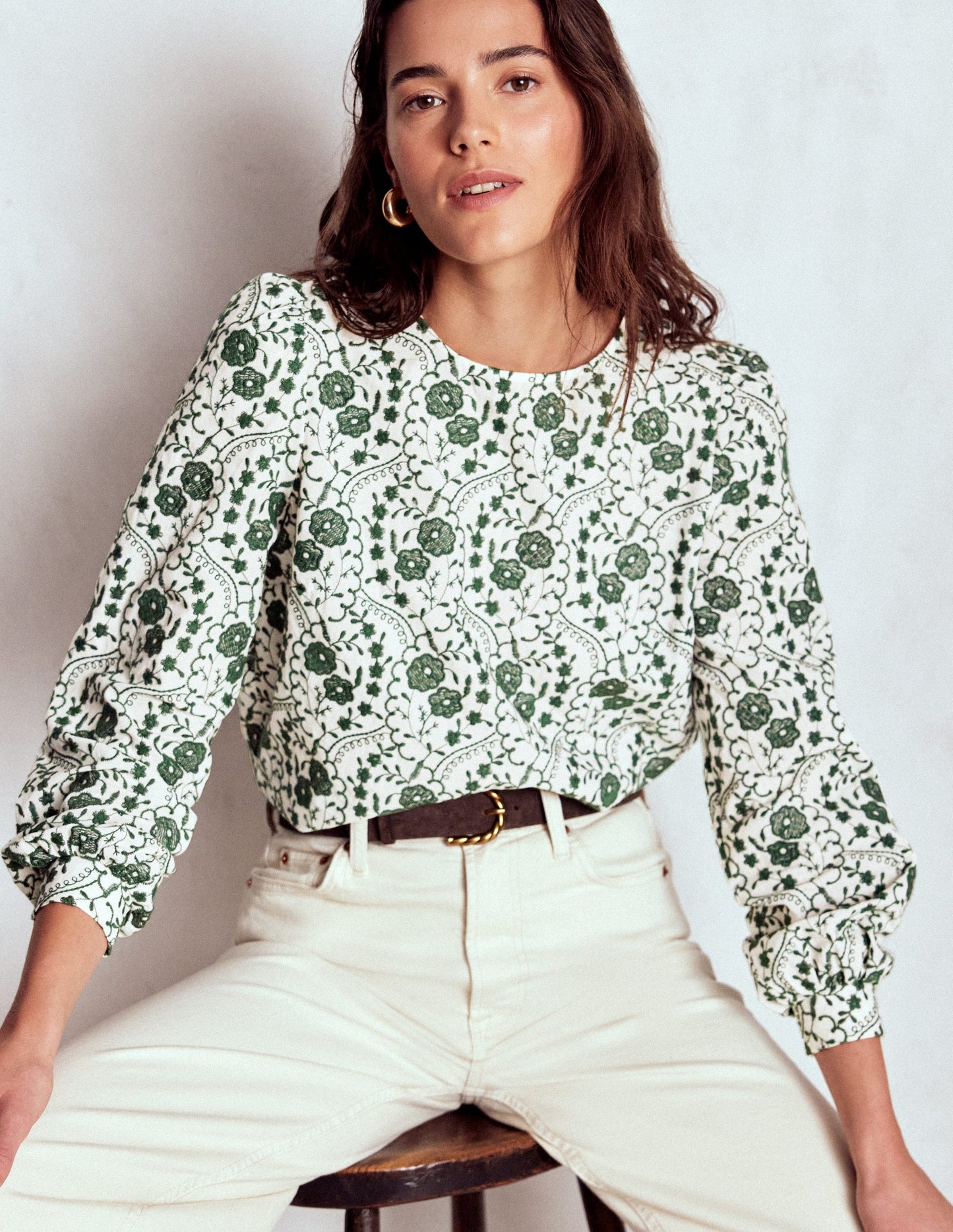 Embroidered Cotton Dobby Top-Ivory