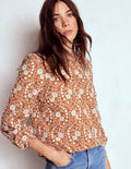 Embroidered Cotton Dobby Top-Brown