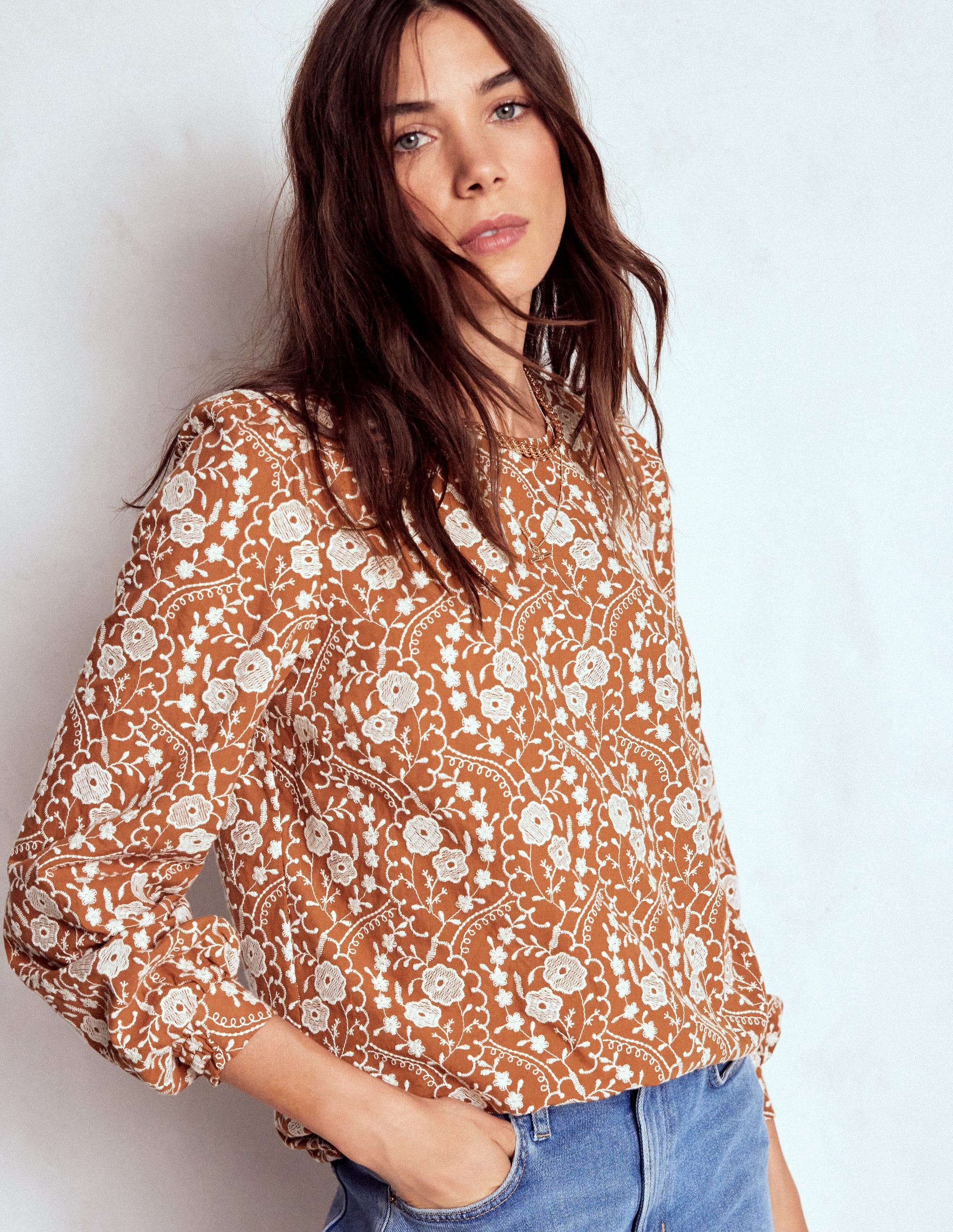 Embroidered Cotton Dobby Top-Brown - Image 1