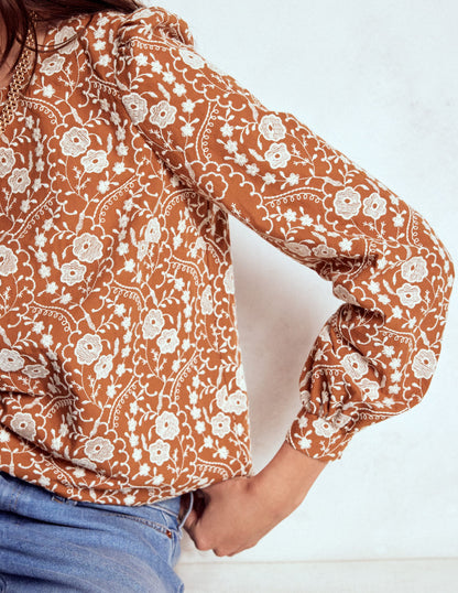 Embroidered Cotton Dobby Top-Brown-2