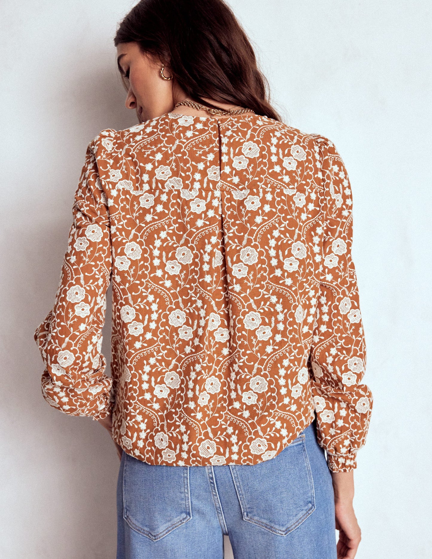 Embroidered Cotton Dobby Top-Brown