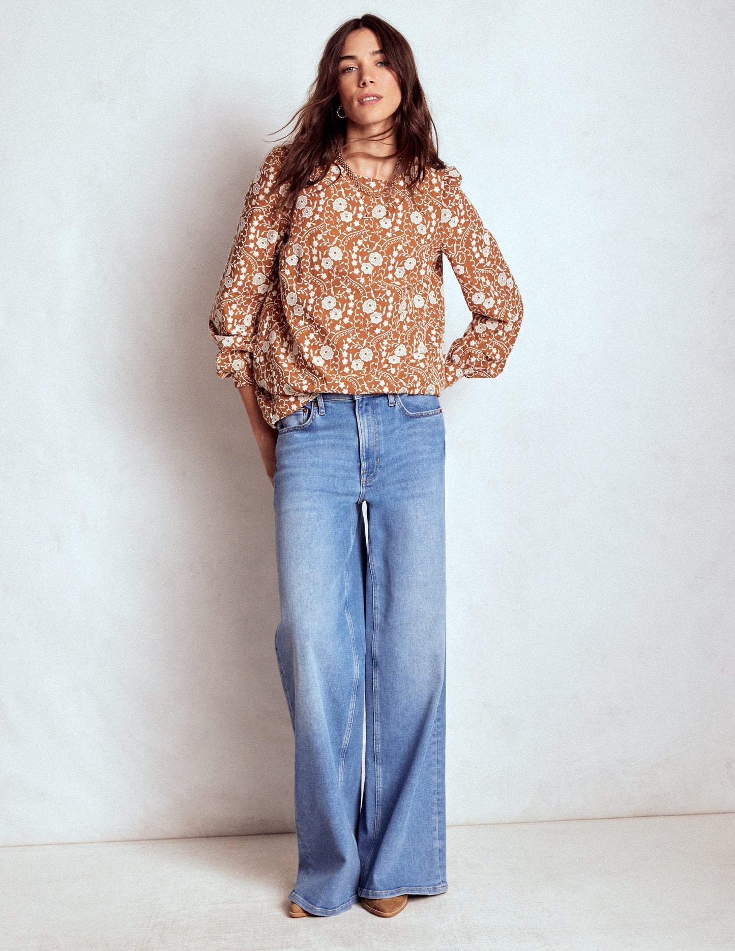 Embroidered Cotton Dobby Top-Brown