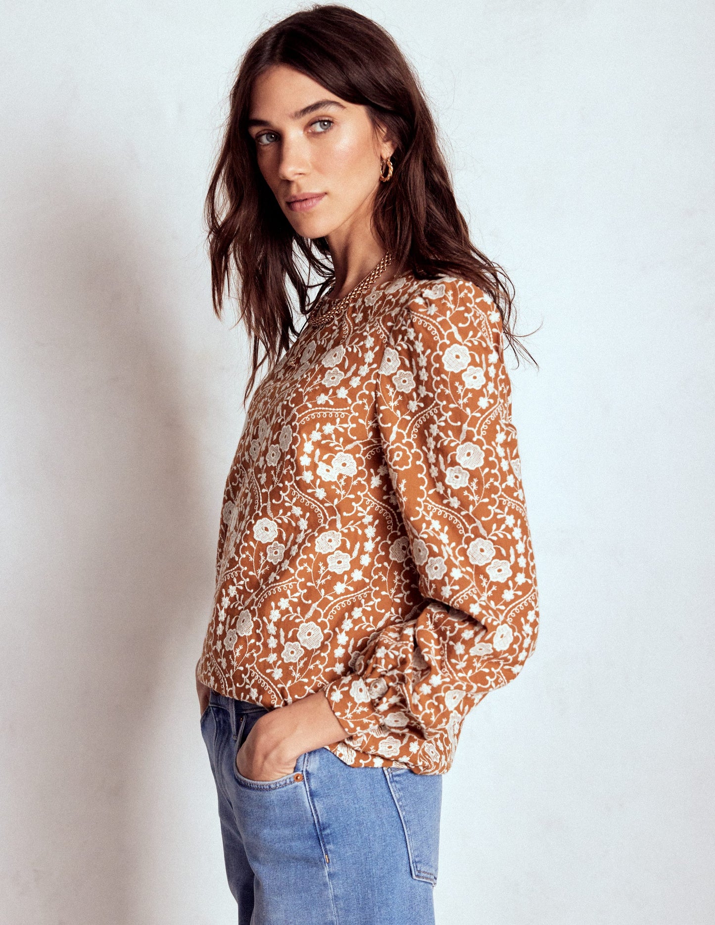 Embroidered Cotton Dobby Top-Brown
